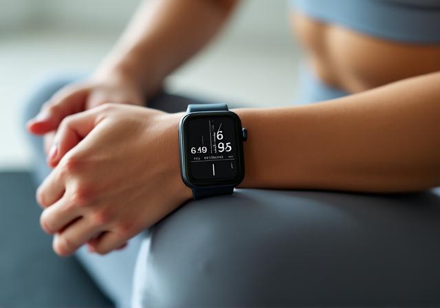 Nahaufnahme einer modernen Smartwatch am Handgelenk beim Sport